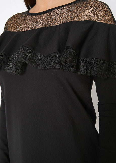 Lace Trim Sweatshirt Dress In Black by Shop at Konus