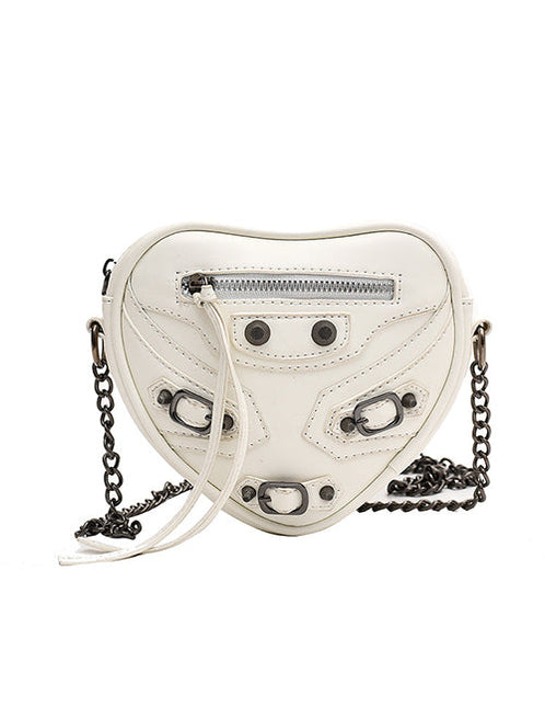 White Faux Leather Multi Buckle Heart Shoulder Bag by Coco Charli