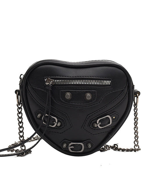 Black Faux Leather Multi Buckle Heart Shoulder Bag by Coco Charli