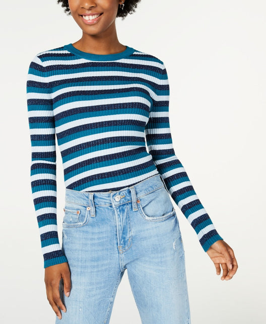 Hooked Up by IOT Junior's Shine Striped Rib Knit Sweater Blue Size Small by Steals