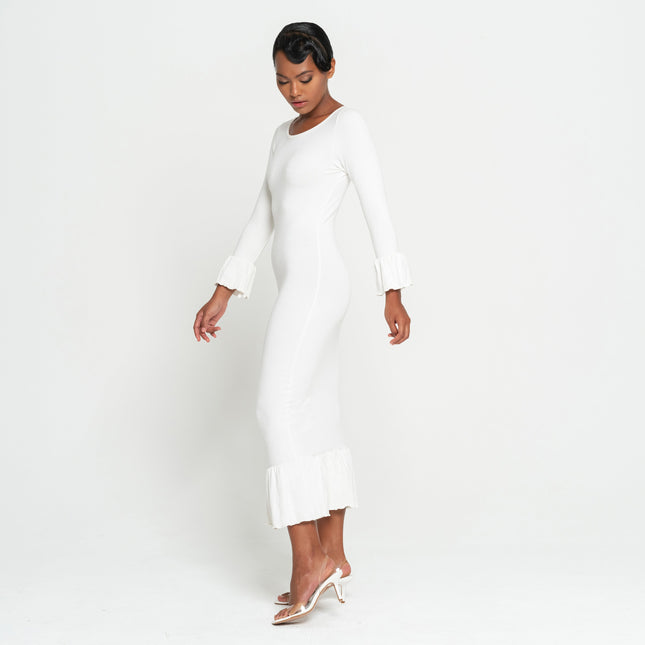 MARJORIE Bamboo Ruffle Dress, in Off-white by BrunnaCo