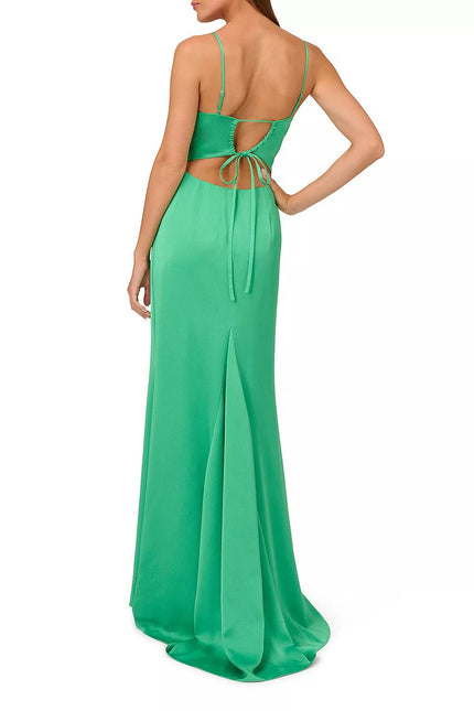 Liv Foster adjustable spaghetti strap tie back V-neck zipper closure textured satin gown by Curated Brands