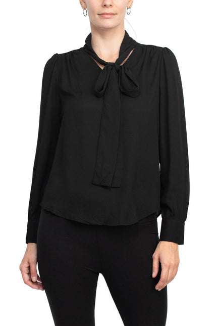 Zac & Rachel tie neck long sleeve solid crepe chiffon top by Curated Brands
