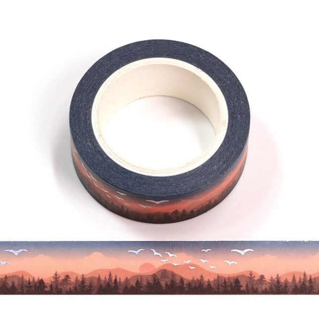 Mountain Horizon Washi Tape | Birds and Pines on Blue and Peach | Gift Wrapping and Craft Tape by The Bullish Store