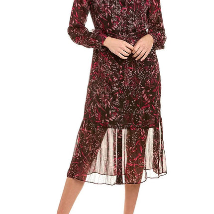 Nanette Lepore collared long sleeve barbell cuffs button front  multi print metallic tie waist chiffon shirt dress by Curated Brands