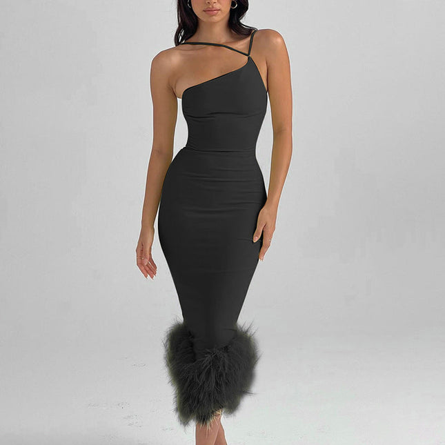 One Shoulder Halter Fur Swing Dress Autumn Sexy Women Clothing Office Slim Fit Maxi Dress Women by BYNES NEW YORK | Apparel & Accessories