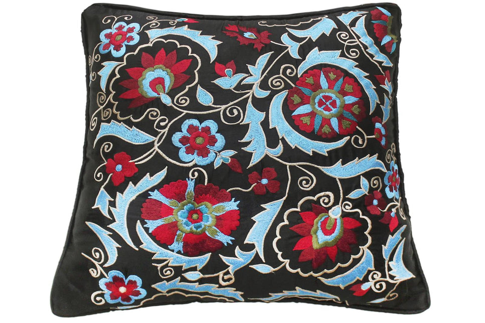Bohemian Quach Silk Embroidered Handmade Pillow by Bareens Designer Rugs