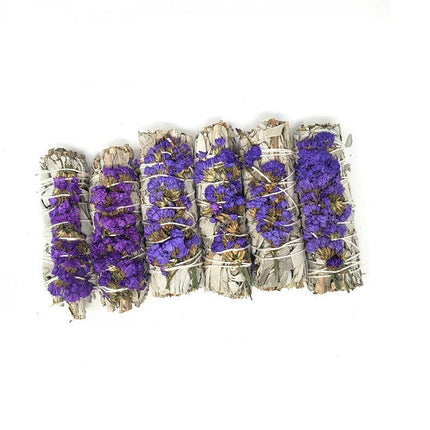 Smudging Herbs - PURPLE Sinuata Flowers with White Sage 4" - 1 bundle by OMSutra