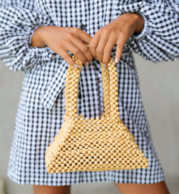 Pyramid Beaded Tote Bag in Toasted Beige by BrunnaCo