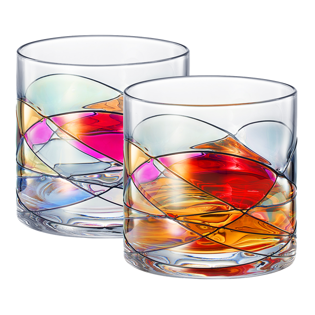 Artisanal Hand Painted Whiskey - Gift for Dad, Friends, Boyfriends, Renaissance Romantic Stain-glassed Windows Cocktail Glasses Set of 2 - Gift Idea for Birthday, Housewarming - 9.6 OZ Glassware by The Wine Savant