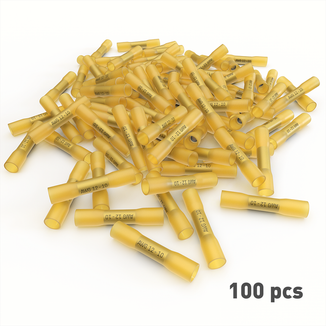 100 PC 12-10 Gauge Yellow Heat Shrink Butt Crimp Connectors by E-VOLT