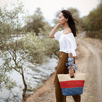SAYAN Raffia Tote Bag, in Red & Blue by BrunnaCo
