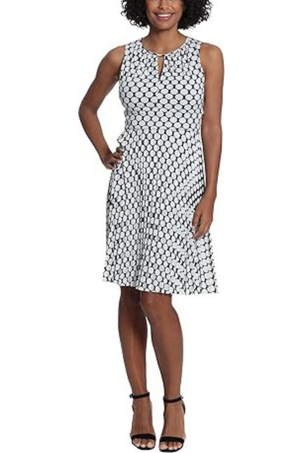 London Times Sleeveless Keyhole Neck Polka Dot Dress with Pleated Skirt by Curated Brands
