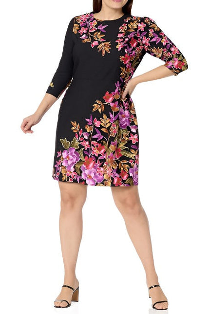 London Times Crew Neck 3/4 Sleeve Floral Print Dress by Curated Brands