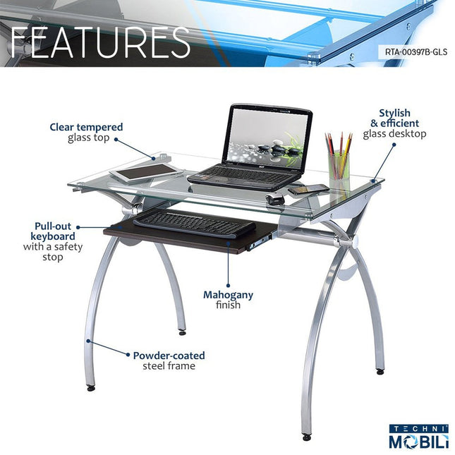 Techni Mobili Contempo Clear Glass Top Computer Desk with Pull Out Keyboard Panel, Clear by Level Up Desks