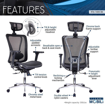 Techni Mobili High Back Executive Mesh Office Chair with Arms, Headrest and Lumbar Support , Black by Level Up Desks
