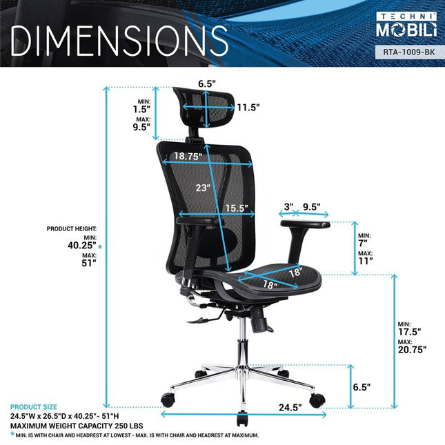 Techni Mobili High Back Executive Mesh Office Chair with Arms, Headrest and Lumbar Support , Black by Level Up Desks
