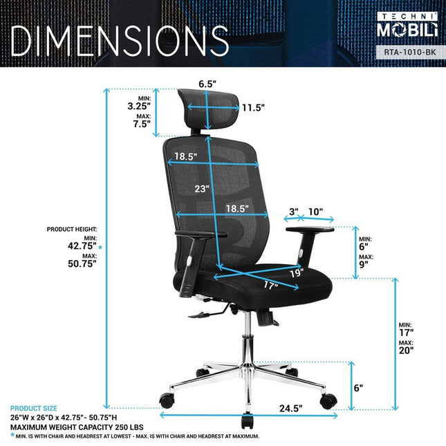 Techni Mobili High Back Executive Mesh Office Chair with Arms, Lumbar Support and Chrome Base, Black by Level Up Desks