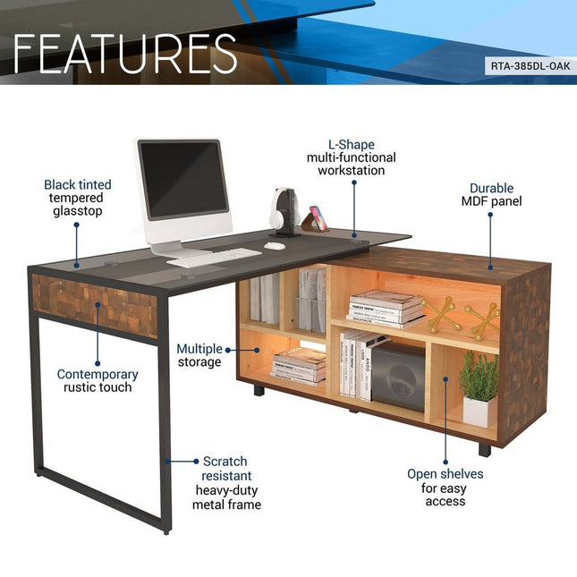 Techni Mobili L-Shape Corner Desk with Multiple Storage, Oak by Level Up Desks
