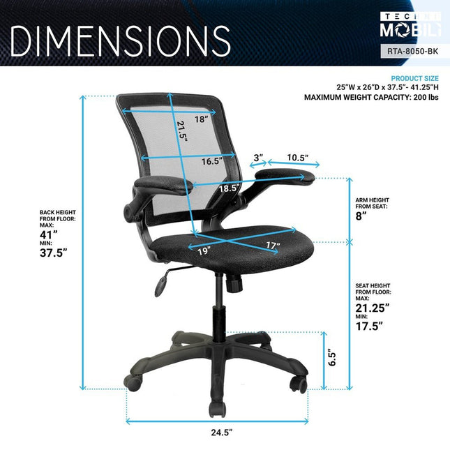 Techni Mobili Mesh Task Office Chair with Flip-Up Arms, Black by Level Up Desks