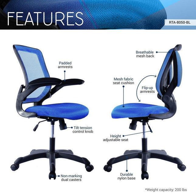 Techni Mobili Mesh Task Office Chair with Flip Up Arms, Blue by Level Up Desks