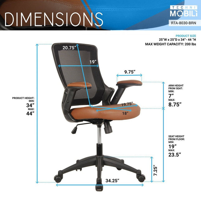 Techni Mobili Mid-Back Mesh Task Office Chair with Height Adjustable Arms by Level Up Desks