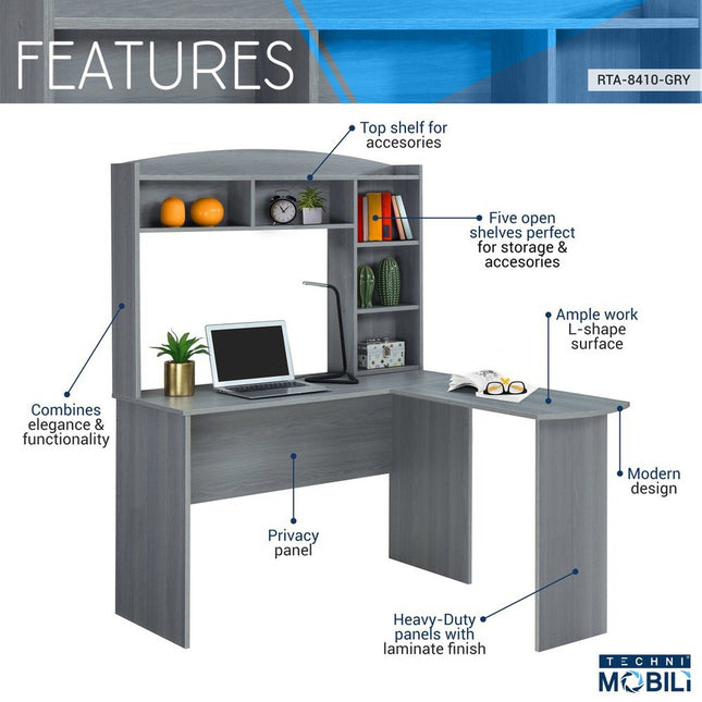 Techni Mobili Modern L-Shaped Desk with Hutch, Grey by Level Up Desks