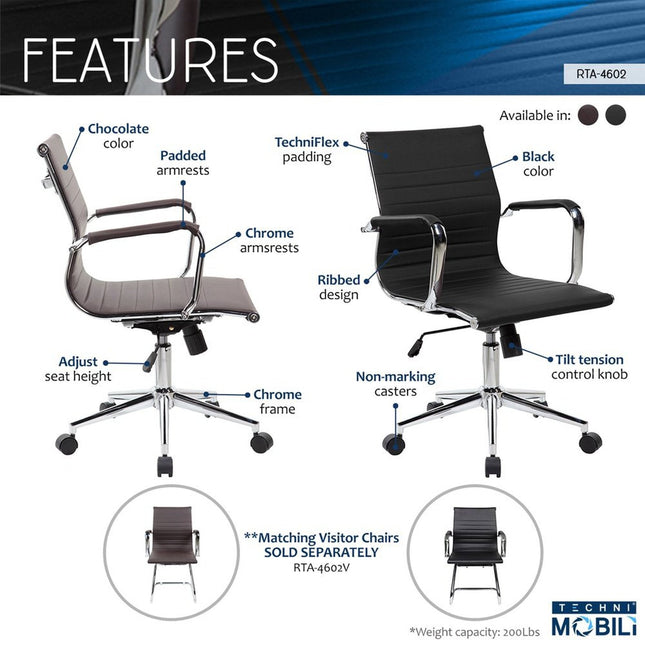 Techni Mobili Modern Medium Back Executive Office Chair, Black by Level Up Desks