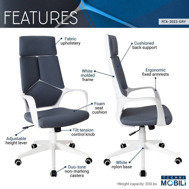 Techni Mobili Modern Studio Office Chair, Grey/White by Level Up Desks