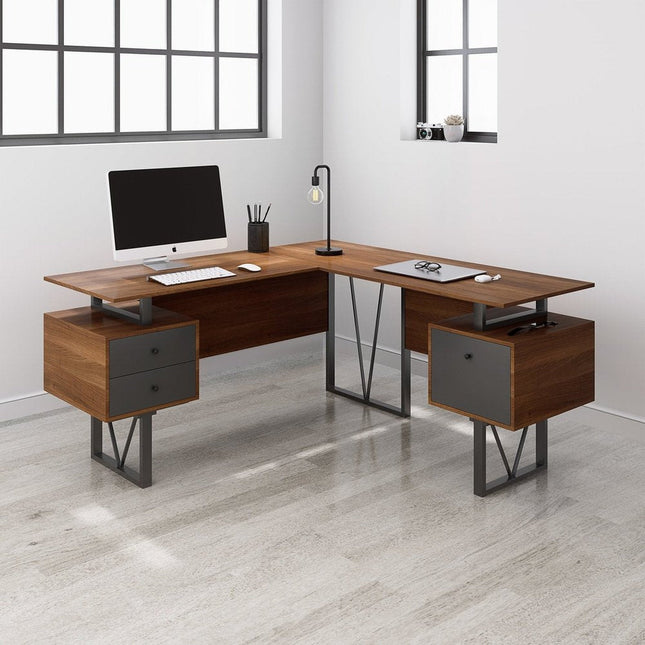 Techni Mobili Reversible L-Shape Computer Desk with Drawers and File Cabinet, Walnut by Level Up Desks