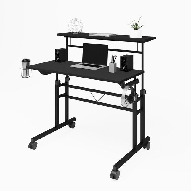 Techni Mobili Rolling Writing Desk with Height Adjustable Desktop and Moveable Shelf, Black by Level Up Desks