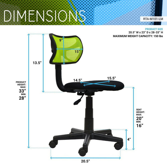 Techni Mobili Student Mesh Task Office Chair, Lime by Level Up Desks