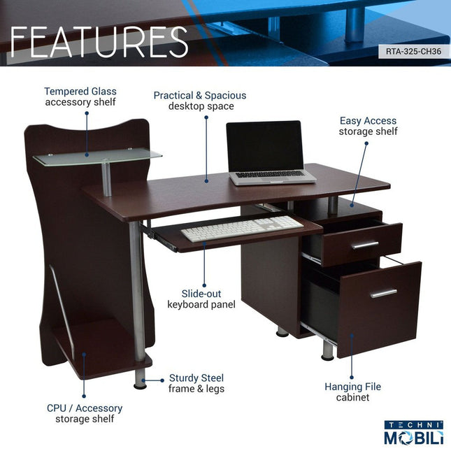 Techni Mobili Stylish Computer Desk with Storage, Chocolate by Level Up Desks