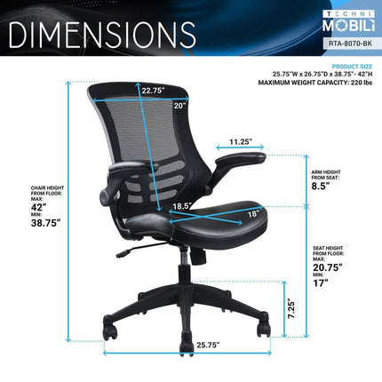 Techni Mobili Stylish Mid-Back Mesh Office Chair with Adjustable Arms, Black by Level Up Desks