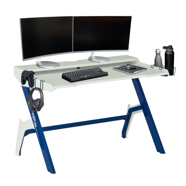 Techni Sport Ergonomic Computer Gaming  Desk Workstation with Cupholder & Headphone Hook, Blue by Level Up Desks