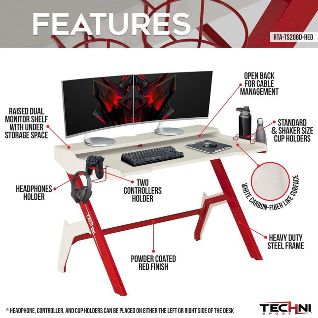 Techni Sport Ergonomic Computer Gaming  Desk Workstation with Cupholder & Headphone Hook, Red by Level Up Desks