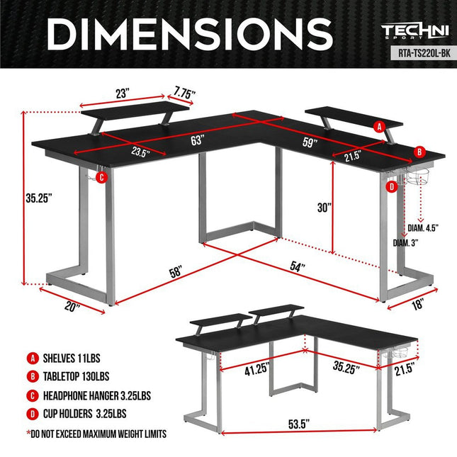 Techni Sport Warrior L-Shaped Gaming Desk, Black by Level Up Desks