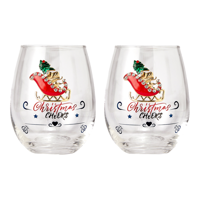 Crystal Christmas Santa's Sleigh Wine & Water Glasses - Set of 2, 17.5oz - Xmas Diamond Merry Christmas Santa Holiday Festive Theme Stemless Glass - New Year Holiday Gifts for Men Women Friend Family by The Wine Savant