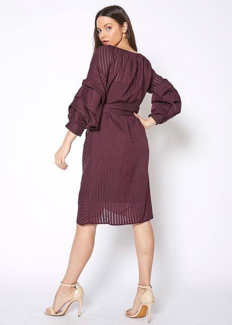 Organza Stripe Wrap Dress In Burgundy by Shop at Konus