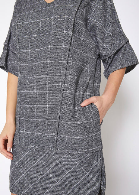 V-Neck Brushed Cotton Check Dress In Grey Plaid by Shop at Konus