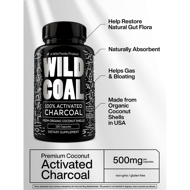 Activated Charcoal Capsules made from 100% Organic Coconuts, 120ct by Wild Foods