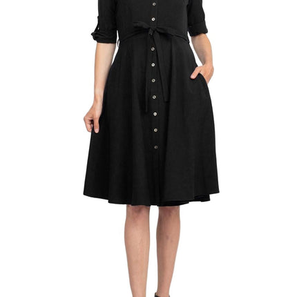 Sharagano Collared Short Sleeve Tie Waist A-Line Solid Rayon Dress by Curated Brands