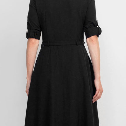 Sharagano Collared Short Sleeve Tie Waist A-Line Solid Rayon Dress by Curated Brands