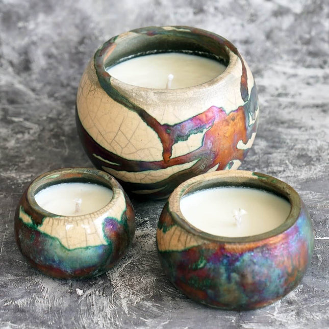 Akari Raku Pottery Refillable Set of 3 ( 1 L, 1M, 1S ) Scented Soy Wax Candles by RAAQUU