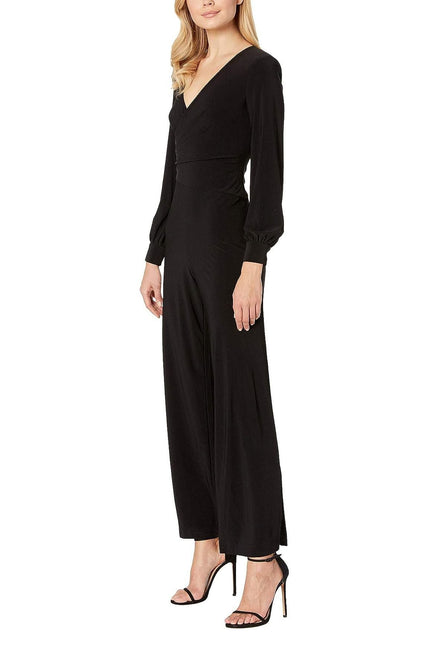 Adrianna Papell V-Neck Ruched Long Sleeve Zipper Back Solid Jersey Jumpsuit by Curated Brands