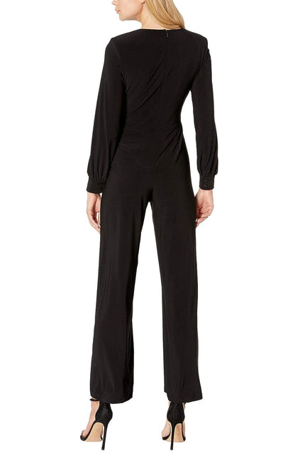 Adrianna Papell V-Neck Ruched Long Sleeve Zipper Back Solid Jersey Jumpsuit by Curated Brands