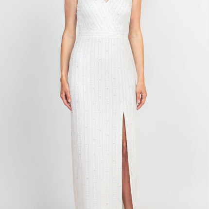 Adrianna Papell V-Neck Beaded & Sequined Sleeveless Banded Waist Slit Front Zipper Back Mesh Dress by Curated Brands