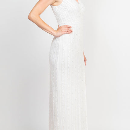 Adrianna Papell V-Neck Beaded & Sequined Sleeveless Banded Waist Slit Front Zipper Back Mesh Dress by Curated Brands