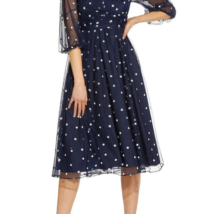 Adrianna Papell Surplice V- Neck Back Zipper 3/4 Sleeves Beaded Midi Dress by Curated Brands