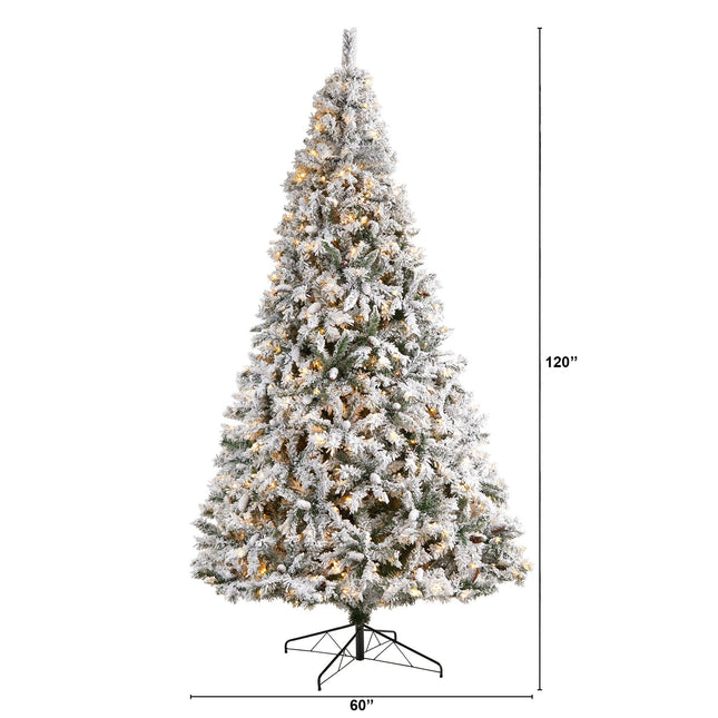 10' Flocked White River Mountain Pine Christmas Tree with Pinecones and 800 Clear LED Lights by Nearly Natural
